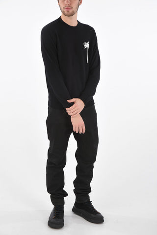 Crew Neck Virgin Wool Sweater with Contrasting Embroideries