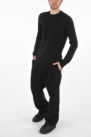 Crew Neck Wool Sweater with Ribbed Edges