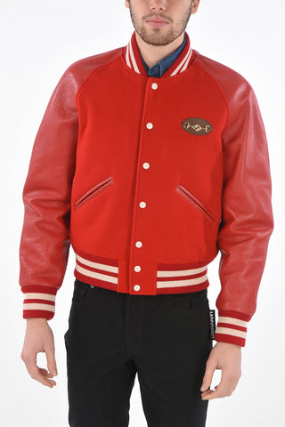 Textured Leather Sleeve Bomber With Horsebit Application