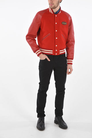 Textured Leather Sleeve Bomber With Horsebit Application