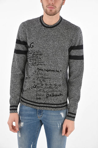 Crew Neck Cashmere Sweater with Prints and Contrasting Horizontal Bands