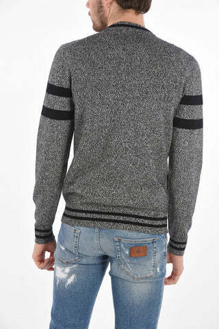 Crew Neck Cashmere Sweater with Prints and Contrasting Horizontal Bands