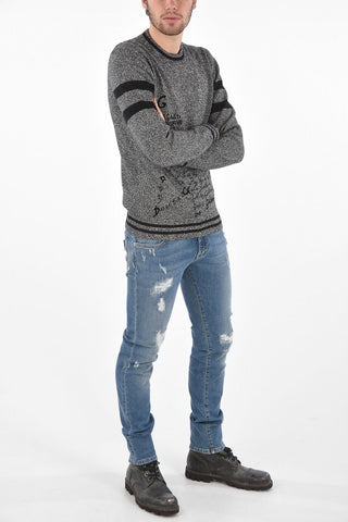 Crew Neck Cashmere Sweater with Prints and Contrasting Horizontal Bands