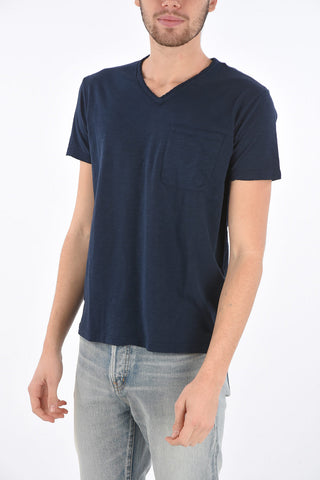 Raw-cut V Neck T-Shirt with Breast-pocket