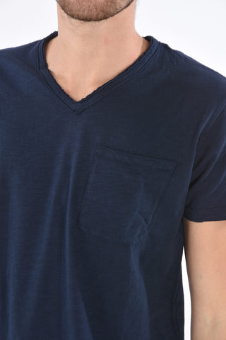 Raw-cut V Neck T-Shirt with Breast-pocket