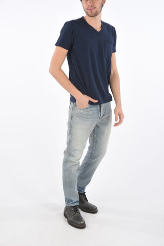 Raw-cut V Neck T-Shirt with Breast-pocket