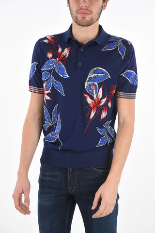 Polo Neck Combed Wool and Silk T-Shirt with Floral Pattern