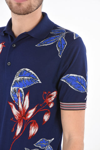 Polo Neck Combed Wool and Silk T-Shirt with Floral Pattern