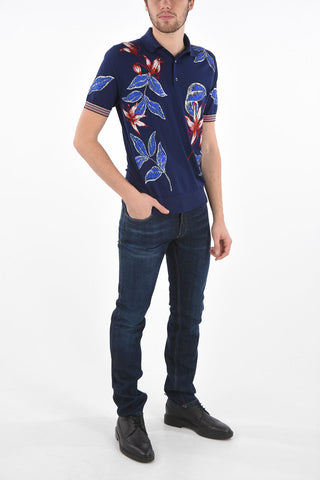 Polo Neck Combed Wool and Silk T-Shirt with Floral Pattern