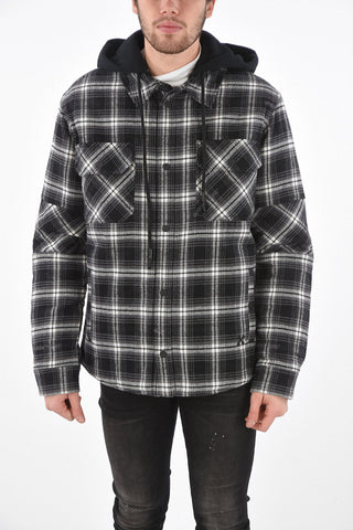 shephard's check flannel snap button outerwear jacket with removable hood