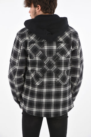 shephard's check flannel snap button outerwear jacket with removable hood