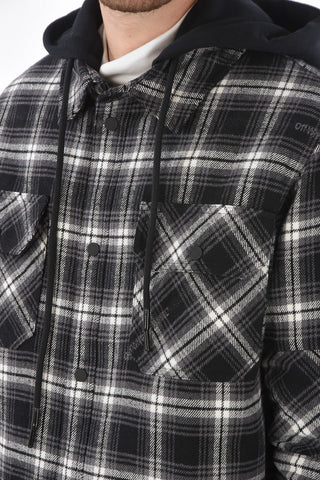 shephard's check flannel snap button outerwear jacket with removable hood