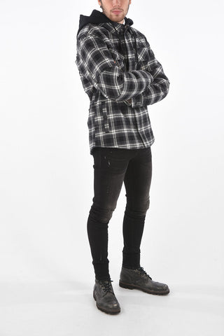 shephard's check flannel snap button outerwear jacket with removable hood