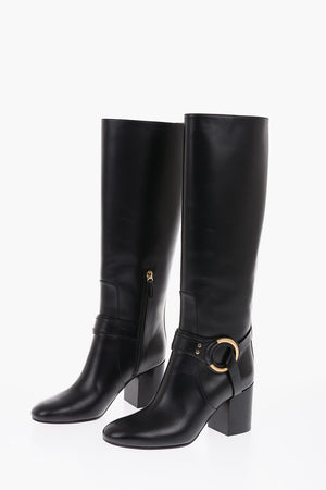 7cm leather Chunky Heel Knee boots with side zip