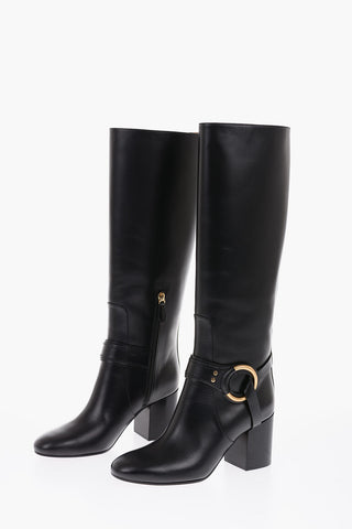 7cm leather Chunky Heel Knee boots with side zip