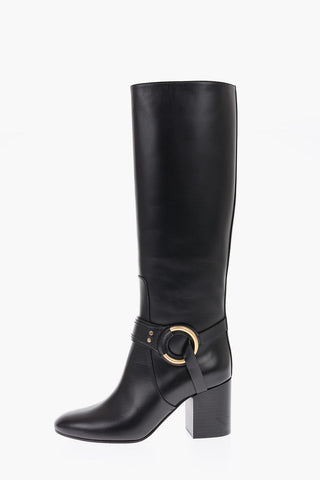 7cm leather Chunky Heel Knee boots with side zip