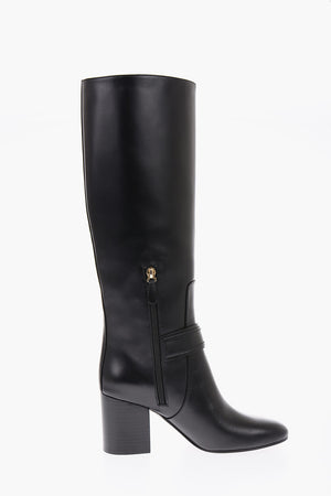 7cm leather Chunky Heel Knee boots with side zip