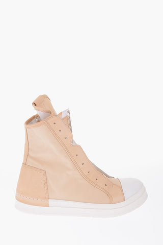 leather and fabric high top snekares