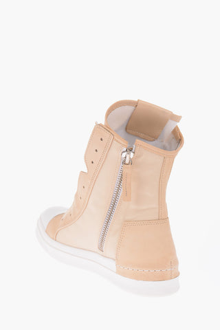 leather and fabric high top snekares
