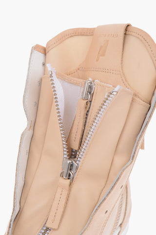 leather and fabric high top snekares