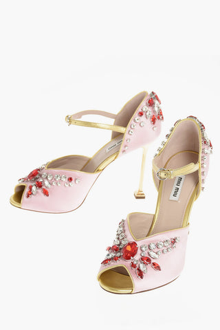 Stiletto Heel Open Toe Satin Sandals with Stones