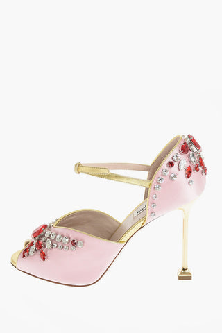 Stiletto Heel Open Toe Satin Sandals with Stones