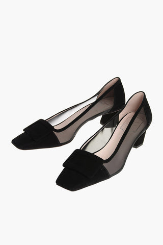 Squared Toe Suede Pumps with Mesh Inserts