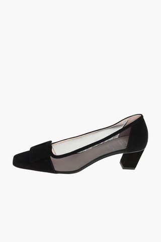 Squared Toe Suede Pumps with Mesh Inserts