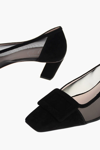 Squared Toe Suede Pumps with Mesh Inserts