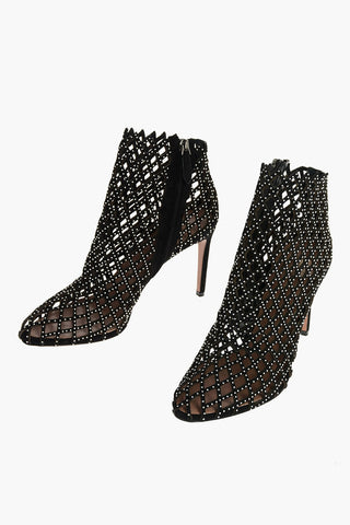 Perforated Suede Stiletto Ankle Boots with Micro-studs
