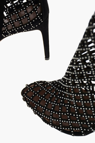 Perforated Suede Stiletto Ankle Boots with Micro-studs