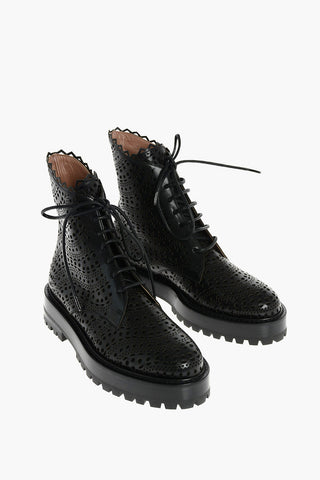 Platform Perforated Leather Combat Booties