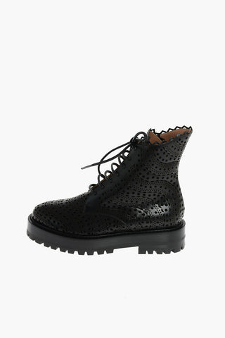 Platform Perforated Leather Combat Booties