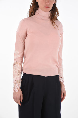 Turtleneck Virgin Wool Sweater with Lace Details