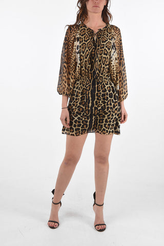 Leopard Silk Dress with Batwing Sleeves and Drawstring