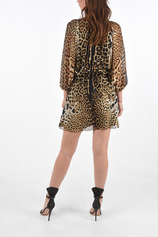 Leopard Silk Dress with Batwing Sleeves and Drawstring