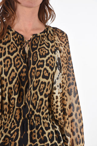 Leopard Silk Dress with Batwing Sleeves and Drawstring
