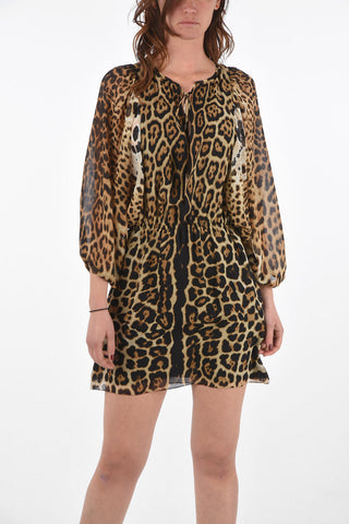 Leopard Silk Dress with Batwing Sleeves and Drawstring