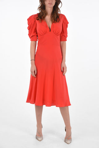 V Neck Flared Silk Dress with Draped Sleeves
