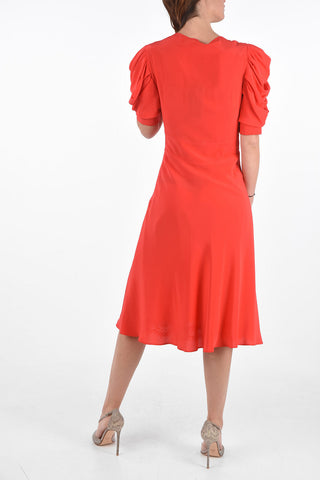 V Neck Flared Silk Dress with Draped Sleeves