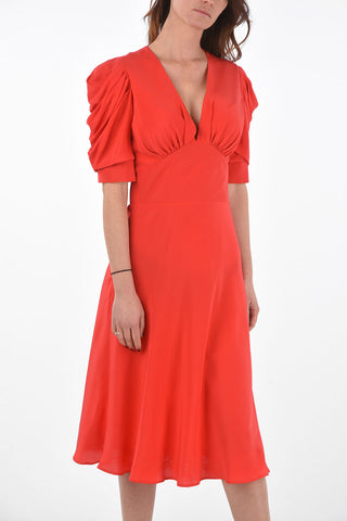 V Neck Flared Silk Dress with Draped Sleeves