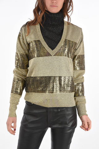 V Neck Openwork Mesh Sweater with Alternate Color Bands