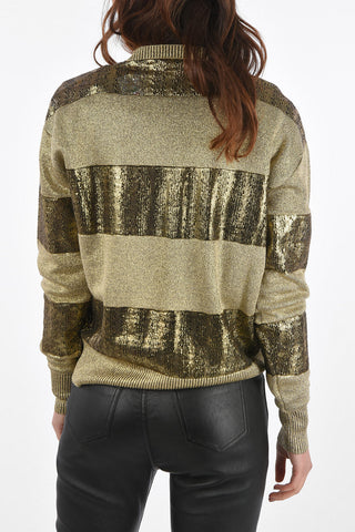V Neck Openwork Mesh Sweater with Alternate Color Bands