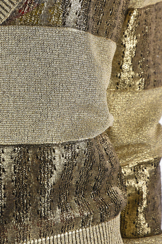 V Neck Openwork Mesh Sweater with Alternate Color Bands