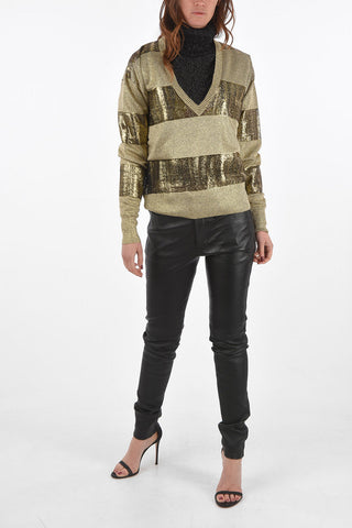 V Neck Openwork Mesh Sweater with Alternate Color Bands