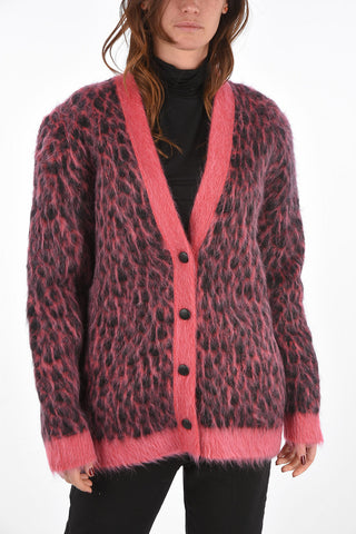 V Neck Lined Animal Patterned Mohair Blend Cardigan