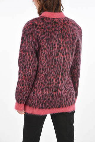 V Neck Lined Animal Patterned Mohair Blend Cardigan