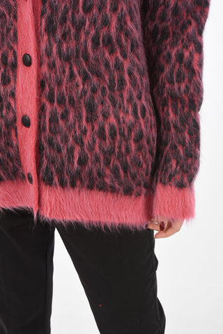 V Neck Lined Animal Patterned Mohair Blend Cardigan