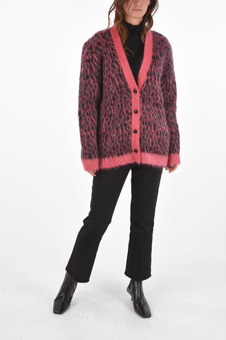 V Neck Lined Animal Patterned Mohair Blend Cardigan