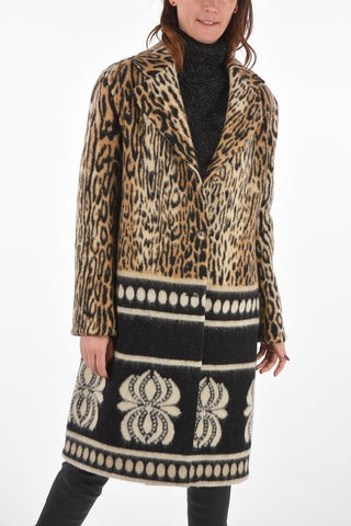 Cappotto Animalier in Misto Lana con Fasce Orizzontali a Contrasto